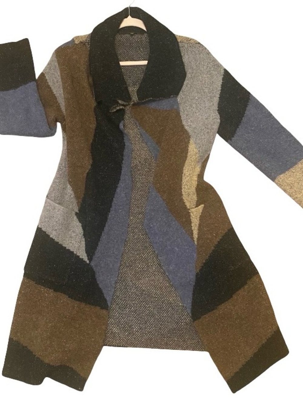 Colorblock Open-Front Long Cardigan- brown Gray Blue